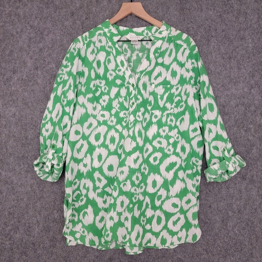 Allison Taylor Shirt Women XL Green Ikat Animal Print 100% Linen Roll Tab Sleeve